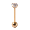 Detailed view of a gold stainless steel tongue stud with clear cubic zirconia stone - Gold White Zircon