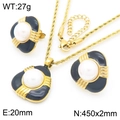 Conjunto de joyas vintage doradas con perlas de concha negras y detalles de diamantes - Estilo Triángulo (KS222163-GC) / Dorado