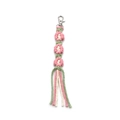 Handmade woven flower keychain with pink and green floral patterns and fringe - Pendant Style / Silver Keychain / Pink