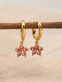 Elegant gold earrings with pink floral pendant hanging on a branch - 18K Gold / July Rose Red