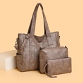 3-piece coffee brown tote bag set with textured leather for women daily commuting - Camel