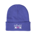 Close-up of Volleyball MOM embroidery and pink heart-shaped volleyball on purple beanie - One Size / Denim Blue