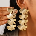 Exaggerated golden ginkgo leaf dangle earrings featuring layered textured metal petals - Multi-Layer Ginkgo Leaf Pendant (A-419) / Gold