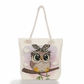 Detailed close-up of heavy-duty canvas tote bag featuring cute cartoon owl print detail - Leopard Headscarf Owl on Branch