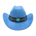 Light blue faux suede cowboy hat with floral embroidery and turquoise stone accessory - Blue (Floral Embroidery Band)