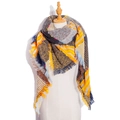 Women's plaid tassel shawl scarf in mixed yellow, grey, and blue patterned boucle yarn - Classic Yellow Plaid