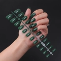 Detailed view of long square dark green press-on nails with a high-gloss UV finish - Dark Green (CFL-34)