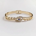 Golden watch-band style bangle featuring a blue evil eye centerpiece with rhinestones - 354 Gold Bangle (354 Gold)