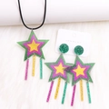 Green and purple acrylic star earrings and necklace set with sparkling glitter tassels - Star-Set