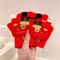 Kids warm red knitted flip top gloves with cute cartoon cow and wooden buttons - One Size / Excavator Red