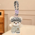 Cute cream plush bear keychain with checkered hat and grey overall suspender pants - Old Money Black Plaid Newsboy Hat / 15cm Pendant