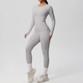 Detail of high-waisted yoga leggings with functional side pockets in a light grey sports set - S / Top And Bottom / Frost Grey