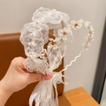 Elegant white lace headband with pearls and floral heart-shaped hair accessory - 2-Pack Lace Flower & Apricot Rain