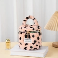 Borsa da trucco in peluche leopardata rosa con cerniera dorata e manico superiore - Rosa