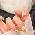 Uñas postizas largas transparentes con flores amarillas 3D, cuentas de plata y strass - Extra Pequeño (XS) / 250 Tulipán Ataúd Medio