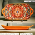 Bohemian orange ceramic fish plate with dual handles and mandala pattern 31.5cm - Bohemian Oval Fish Plate / Orange