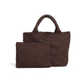 Retro dark brown woven tote bag set with matching inner pouch for women casual style - Coffee