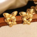 Golden double butterfly stud earrings with detailed textured metal wings for women - Gold Double Overlapping Butterfly Stud Earrings