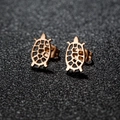 Minimalist turtle stud earrings with hollow geometric shell design on black stone - Turtle / Rose Gold