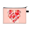 Pink Valentine's Day cosmetic bag with red floral heart print and happy greeting - Pink Flower Heart