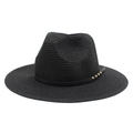 Chapeau Panama élégant en paille tressée noire avec rivets dorés et ruban décoratif - M (56-58cm) / Noir