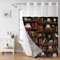 Waterproof waffle shower curtain with vintage library bookshelf and cute cats print - Library Cats / 181x188cm