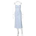 Floral halter neck sleeveless dress in white with blue flowers and a side slit design - S / Light Blue