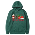 Dark green Christmas hoodie featuring Tis the Season festive coffee and tree prints - Dark Green