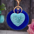 Dark blue pompom heart keychain with light blue rhinestones and golden hardware - Heart Sky Blue + Royal Blue Pom Pom