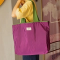 Large purple foldable nylon tote bag with green handles and dimensions 44x42x10cm - L Purple