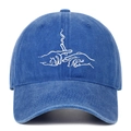 Detail of creative embroidery and washed denim texture on navy blue baseball cap - Dark Blue