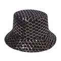Detail of a black velvet bucket hat with golden sequins in a diamond pattern - Diamond-Gold