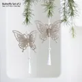 Glittering champagne gold butterfly Christmas tree ornament set with white silk tassels - Butterfly 2pcs Set