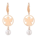 Rose gold dangle earrings featuring an angel cutout within a circle and a white pearl drop - Rose Gold Angel (KE79997-GC)