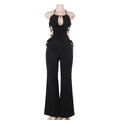 Detail of black halter neck jumpsuit with side waist cut-out and lace-up design - L / Black