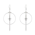 Silver-toned gothic sword hoop earrings with dangling long blade charms for a punk look - Antique Silver Sword Ring Style (S222)
