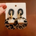 Elegant leopard print resin drop earrings with black matte stud and gold metal link - Leopard Geometric