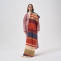 Colorful striped knit scarf with decorative pom-poms on a model wearing a pink coat - 37*210cm / Orange Red Striped Pom Pom