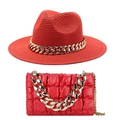 Detail of red straw jazz hat and quilted handbag set with thick gold chunky chains - M (56-58cm) / Red Hat + Bag