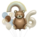 Detailed set with brown teddy bear balloon, cream number 6 and rainbow foil balloons - Matte Teddy Bear Set 6