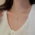 Double-layer butterfly necklace with delicate pearls and irregular gold pendant - Necklace #23 - Gold - Beaded - Real Gold Plating (2-piece Set)