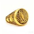 Gold plated praying hands ring featuring vintage religious relief on a circular face - US 7 / Gold (10306)