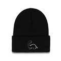 Close-up of black knit beanie featuring white dinosaur embroidery and ribbed texture - M (56-58cm) / Single Dinosaur / Black