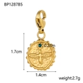 Detail of round gold pendant featuring a 3D bee relief and small green gemstone - BP1287B5-Blue Zirconia