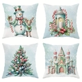 Set of four Christmas pillow covers featuring snowman, reindeer, tree and castle prints - Xmas Fairy Tale