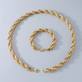 Polished golden stainless steel rope chain set including necklace and bracelet with clasps - Gold (11mm)