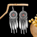 Bohemian vintage tassel earrings in retro silver with a vibrant red bead accent - Retro Silver + Red Beads + Tassel (E2553-2)