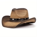 Men's retro linen Panama fedora with gradient weave and studded leather band - One Size / Brown (Ombre/Rivet Band)