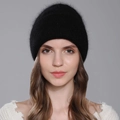 Women's black angora rabbit fur knit beanie with fluffy texture for winter warmth - Black