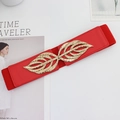 Red elastic waist belt for women with golden leaf buckle and chic faux leather finish - EL101 Red (Gold Leaf Buckle)